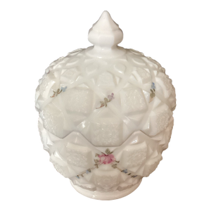 Westmoreland Vintage 1950’s Quilted Milk Glass Covered Candy Jar Round Vanity Jar Floral