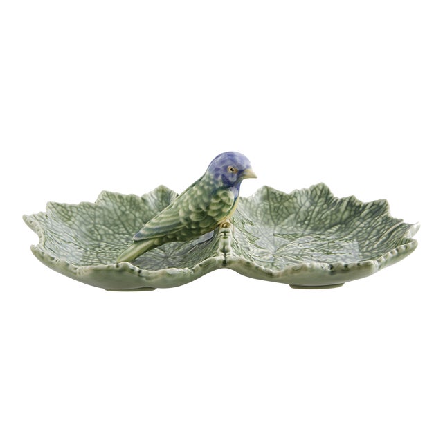 Bordallo Pinheiro Leaves Double Leaf Dish with Blue Bird For Sale