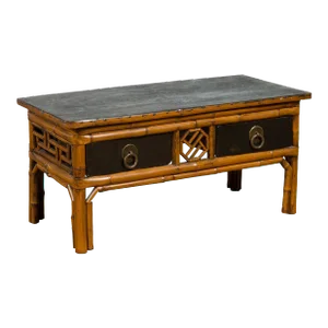 Vintage Chinese Black Lacquered Elmwood & Bamboo Fretwork Side Table