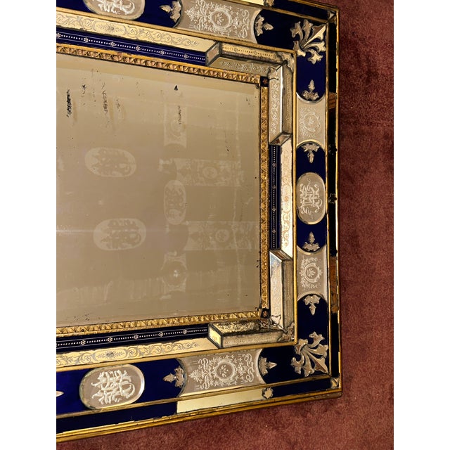 Italian Impressive Murano Cobalt, Etched and Beveled Mirror