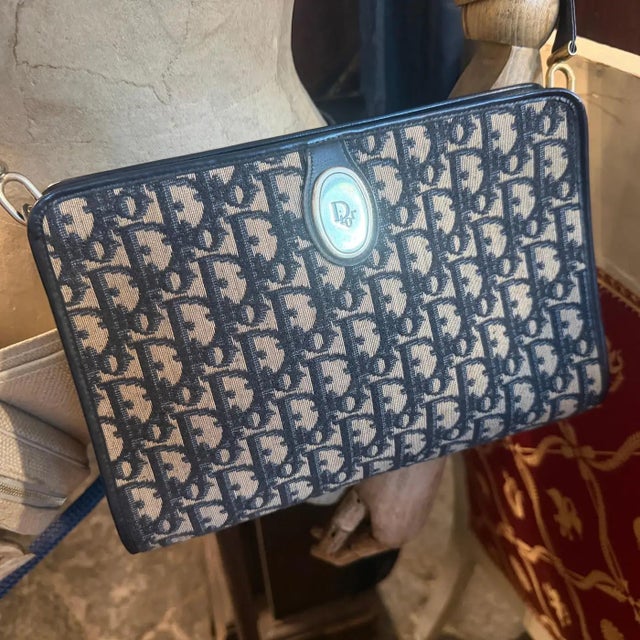 1980s Vintage Trotter Blue Canvas and Blue Leather Christian Dior Crossbody Bag For Sale - Image 11 of 17