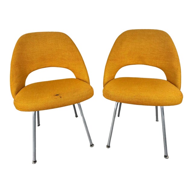 Eero Saarinen for Knoll MCM Tumeric Orange Uphostery Side Chair, a Pair For Sale