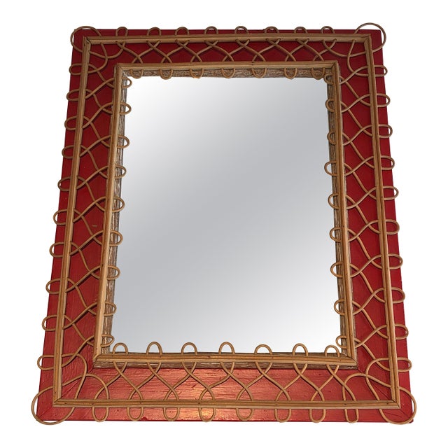 Rattan Mirror on Red Background. French Work. Circa 1940 For Sale