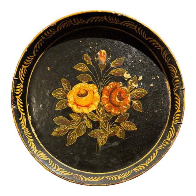 Mid 20th Century Victorian Style Black Lacquer Papier - Mache Tray With Floral Decoration For Sale