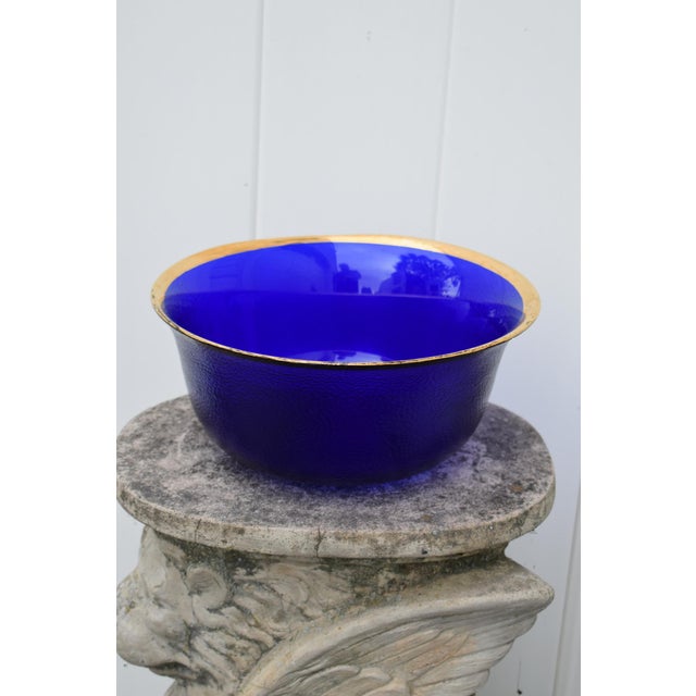 Blue Vintage Cobalt Blue Glass Bowl Gold Rim Textured Pebble Art Glass For Sale - Image 8 of 15