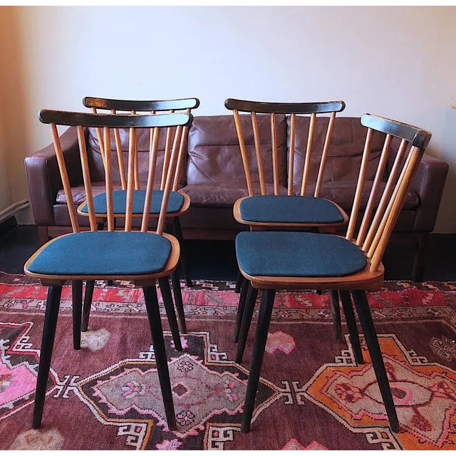 Mid-Century Dining Chairs with Splayed Legs and Petrol Blue Seats, Set of 4 For Sale - Image 10 of 13