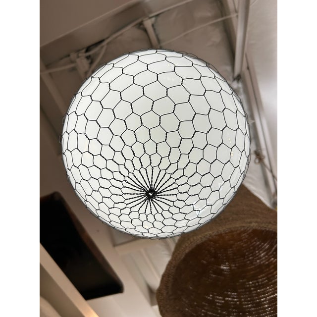 Late 20th Century Unlacquered Brass Hood Classic Pendant With 12-Inch Opal Globe With Wire Mesh For Sale - Image 11 of 12