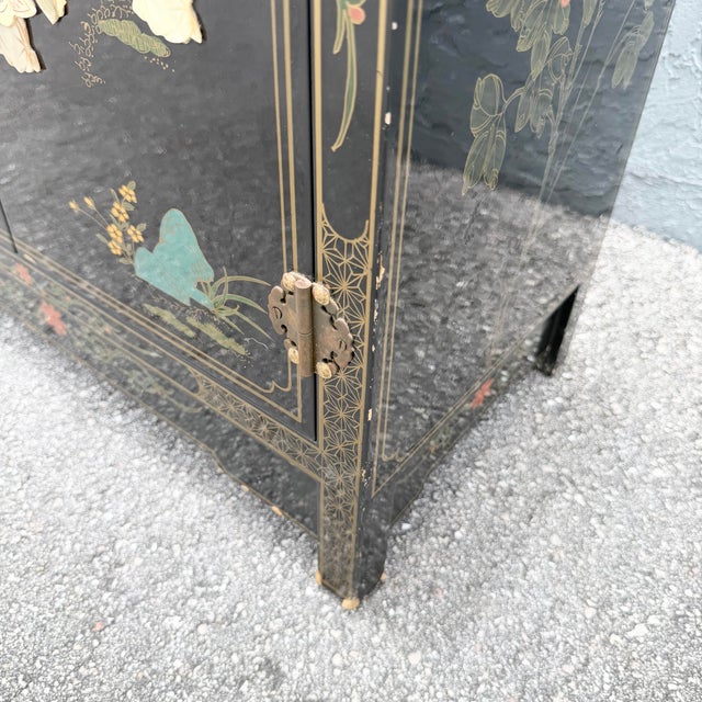 Vintage Chinese Black Lacquered Hand Painted Cabinet For Sale - Image 10 of 11