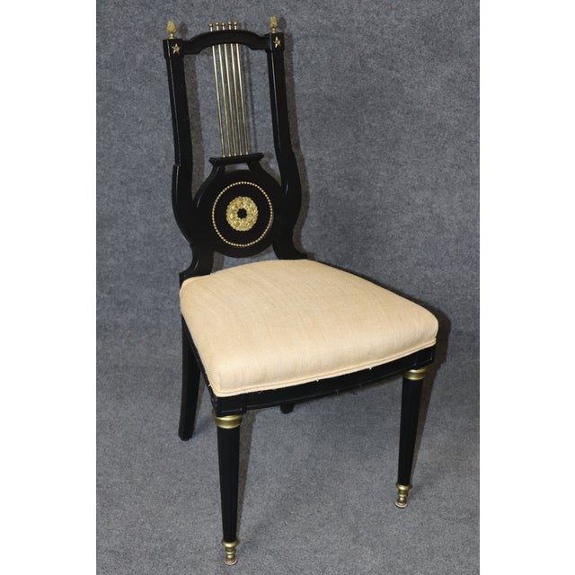 20th C. Set 12 Jansen Ebonized Louis XVI Style Lyre Back Dining Chairs For Sale - Image 11 of 17
