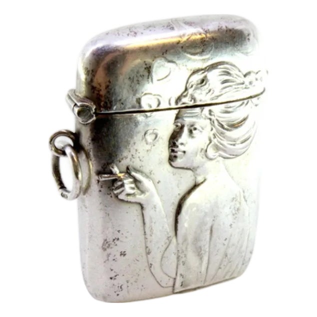 Art Nouveau Silver Matchbox with Relief Figure of Smoking Lady For Sale