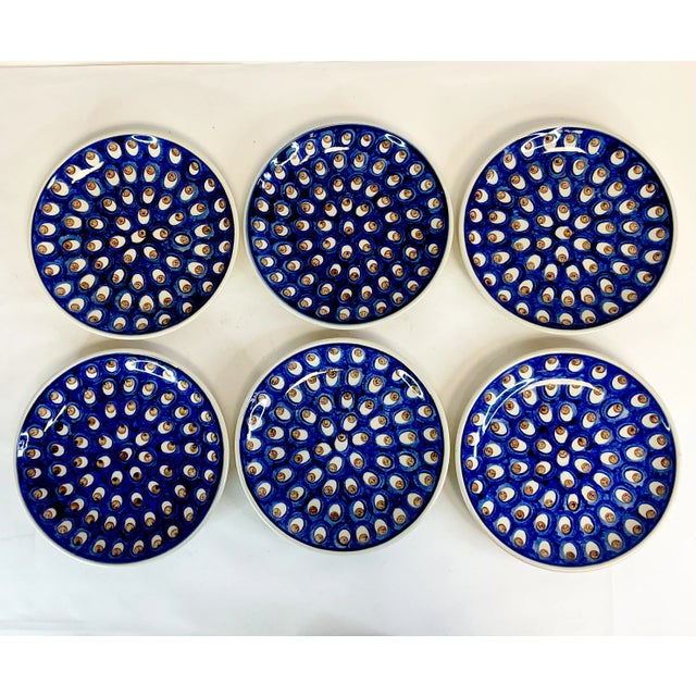 Rustic European 1980s Vintage Boho Chic Boleslawiec Polish Pottery Salad Plates, Original Peacock - Set of 6 For Sale - Image 3 of 9