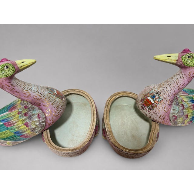 Late 20th Century Chinese Export-Style Famille Rose Armorial Porcelain Duck-Form Covered Tureens - a Pair For Sale - Image 9 of 11