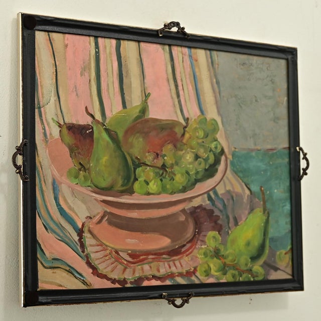 Dimensions: 17 ½” H x 14 ½” W x ¾” D A lovely vintage French still life oil painting on panel of a red hyacinth in bloom,...