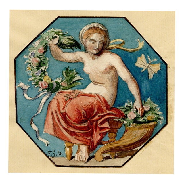 Felix Schurig, Nymph with Cornucopia & Flower Garland, 1875, Watercolour For Sale