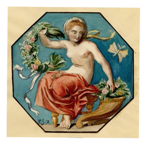Felix Schurig, Nymph with Cornucopia & Flower Garland, 1875, Watercolour