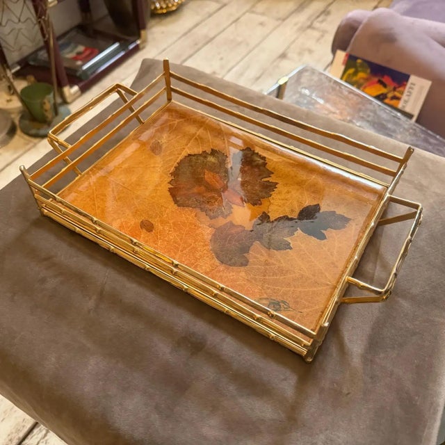 1970s 1970s Mid-Century Modern Bamboo Effect Brass and Lacquered Wood Italian Tray For Sale - Image 5 of 15