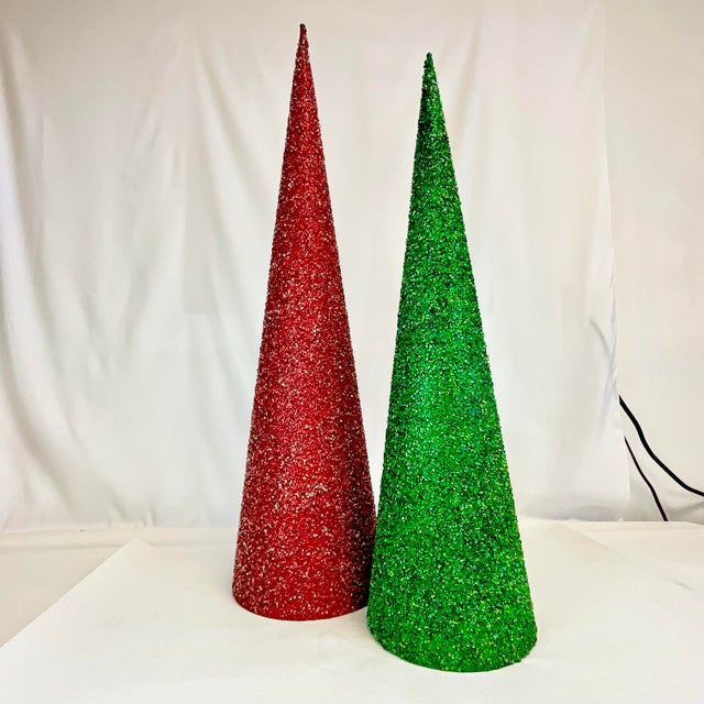 Vintage Home is pleased to offer this pair of Vintage Tabletop Cone Christmas Trees from the 1980s. The tallest one is red...