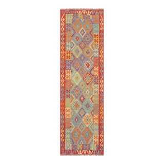 Rustic Kilim Blue Rust Hand Woven Rug - 2'9" X 9'8" For Sale