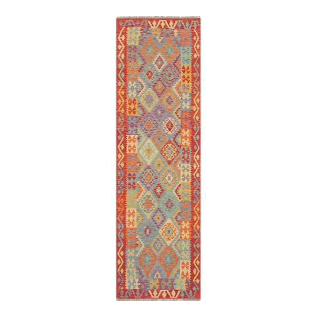 Rustic Kilim Blue Rust Hand Woven Rug - 2'9" X 9'8" For Sale