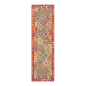 Rustic Kilim Blue Rust Hand Woven Rug - 2'9" X 9'8"