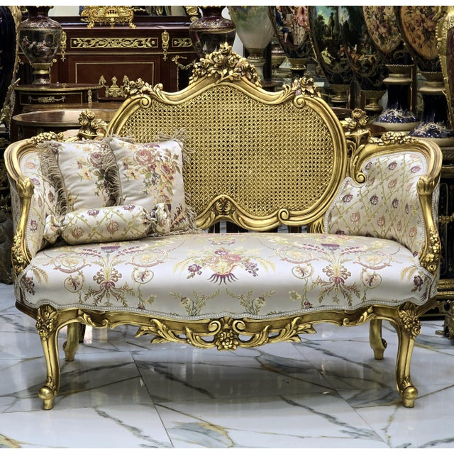 Beige French Style Sofa Settee With Beige White Patterned Fabric For Sale - Image 8 of 8