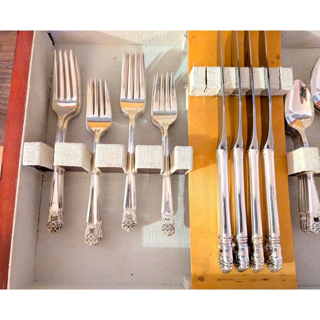 Silver Vintage 1847 Rogers Bros. Silverplate Flatware Set - "Eternally Yours" - 52 Pieces With Original Anti-Tarnish Chest For Sale - Image 8 of 13