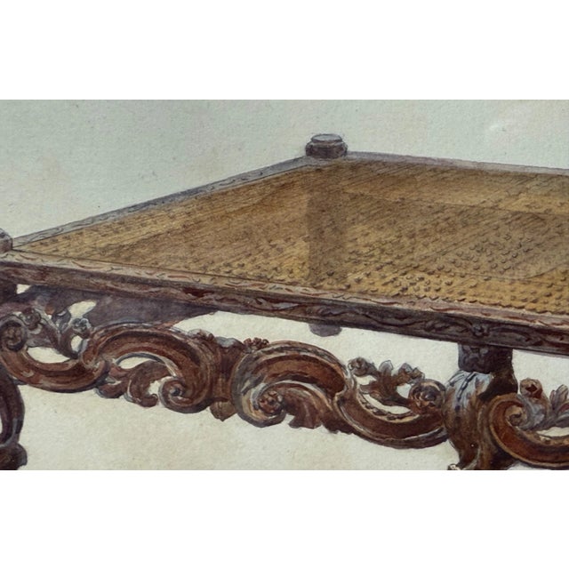 Brown Antique 19th Century Original English Caned Chaise Lounge Watercolor Painting For Sale - Image 8 of 11