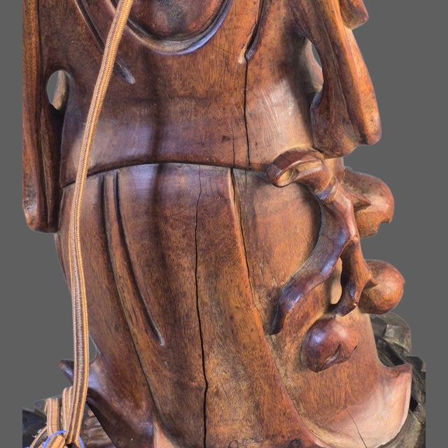 Antique Hand Carved Hardwood Hotei Happy Joyous Buddha Arms Raised Holding a Lotus Flower Table Lamp For Sale - Image 12 of 16
