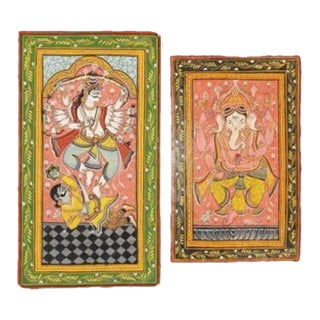 1950s Pattachitra Indian Orissa Painting Ganesha Shiva Hand Made India Natural Pigments - Set of 2 For Sale