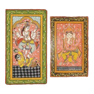1950s Pattachitra Indian Orissa Painting Ganesha Shiva Hand Made India Natural Pigments - Set of 2