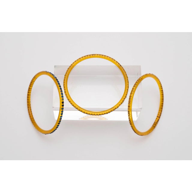 Art Deco Vintage Trio of 3 Amber Colored Celluloid Bangle Bracelets With Colored Rhinestones 30's For Sale - Image 3 of 6
