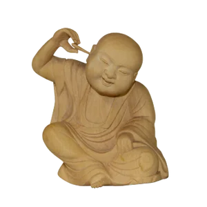 Artist Crafter Solid Light Wood Color Meditate Arhat Monk Statue Digging Ear