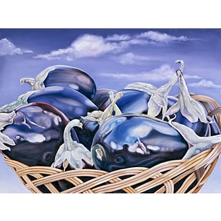 2000s "Eggplants in a Basket" Large Gallery Wrapped Oil Painting by Judith Moore For Sale