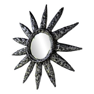 Small Brutalist Round Sunburst Mirror in Hammered Metal, 1950s For Sale
