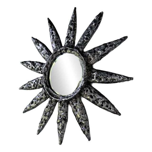 Small Brutalist Round Sunburst Mirror in Hammered Metal, 1950s For Sale