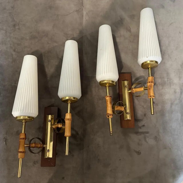 Mid-Century Modern Set of Two 1950s Mid-Century Modern Brass, Bamboo and Glass Italian Wall Sconces For Sale - Image 3 of 12
