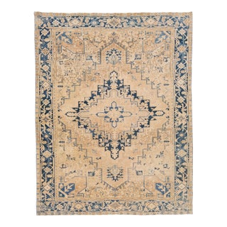 Tan Antique Persian Heriz Handmade Wool Rug With Medallion Design For Sale