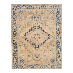 Tan Antique Persian Heriz Handmade Wool Rug With Medallion Design