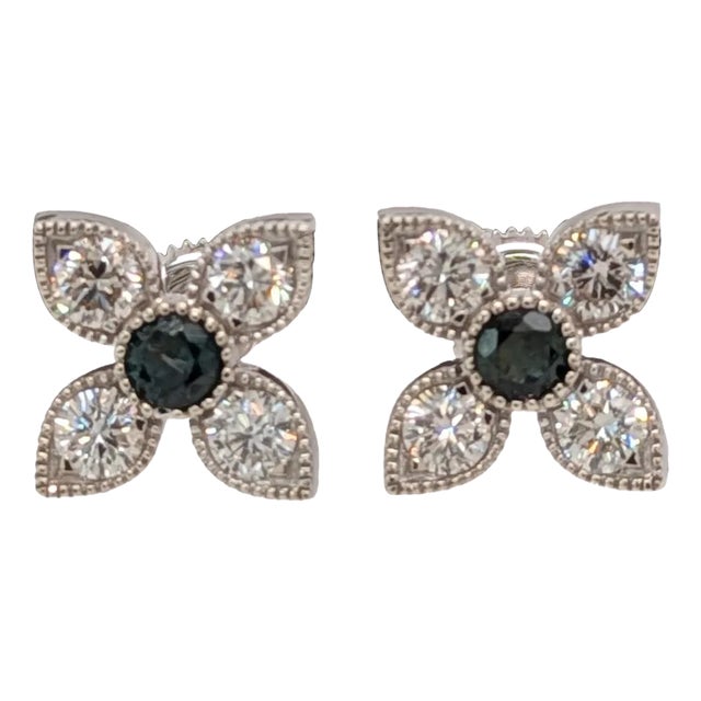 Floral Alexandrite Earrings W Natural Diamond Accents in Solid 14k White Gold, A Pair For Sale