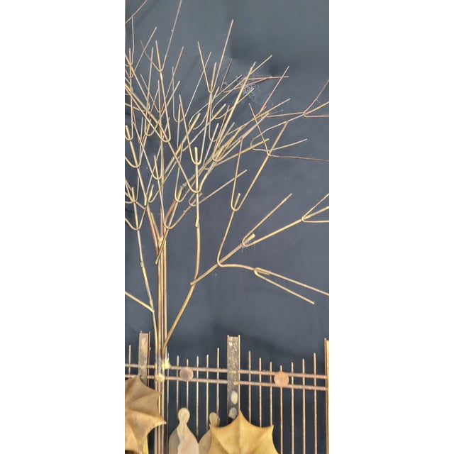 1970s Brutalist Brass Wall Sculpture — Rainy Day Bus Stop Scene, Tree & Umbrella Figures, Jere Style For Sale - Image 6 of 11