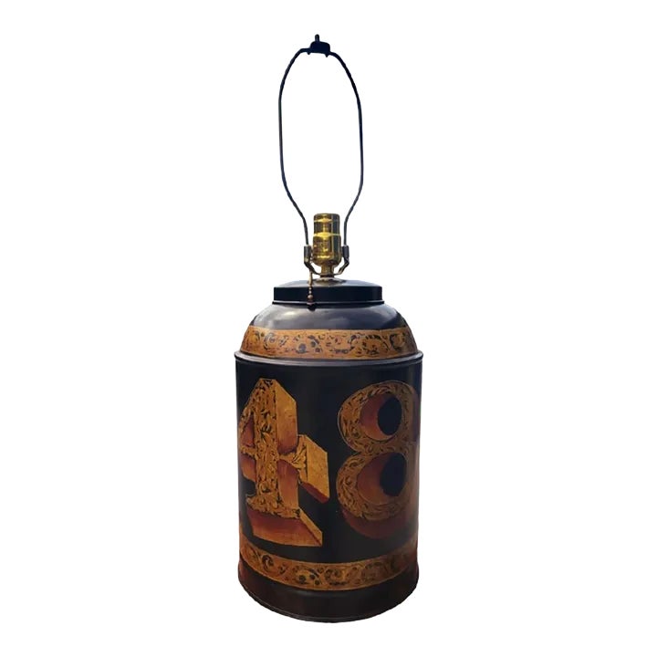 レア！50s黒×金USAアメリカアンティークランドリーボックスミッドセンチュリー Vintage Tin Tole Large Numbered 48 Black English Tea Canister