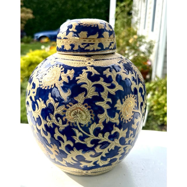Mid Century Blue and Gold Porcelain Lidded Jar For Sale - Image 4 of 11