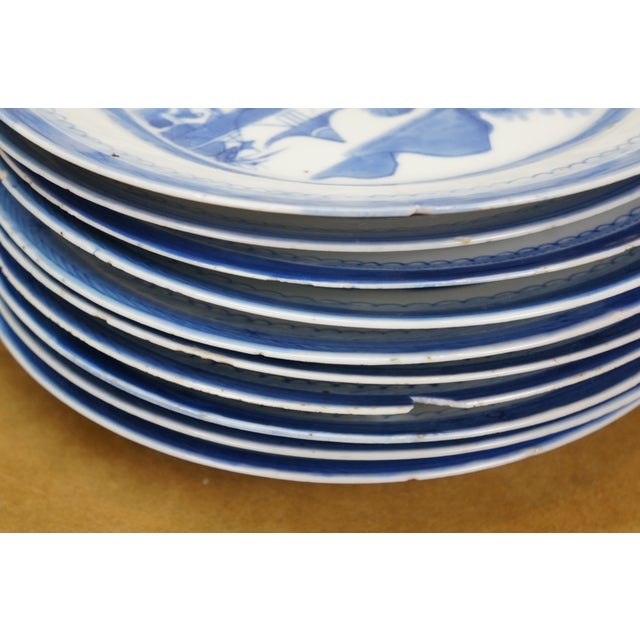 Early 19th Century Antique Chinese Export Canton Blue White Pagoda Willow Tree Boat Plates 10" - Set of 16 For Sale - Image 5 of 10