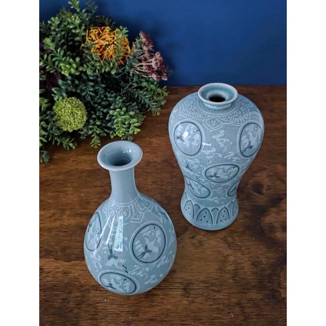 1970’s Thousand Crane Celadon Vases Set of 2 For Sale - Image 4 of 18