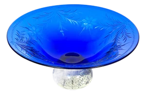 Pairpoint Cobalt Blue Engraved Floral Center Bowl Controlled Bubble Pedestal
