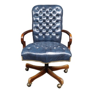 Tufted Leathercraft Swivel Office Chair With Cherry Frame For Sale