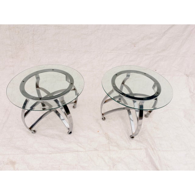 Set of 2 Hollywood Regency Mid Century Pair of Chrome Glass Top Side Tables 21” H. X 26.0” Dia