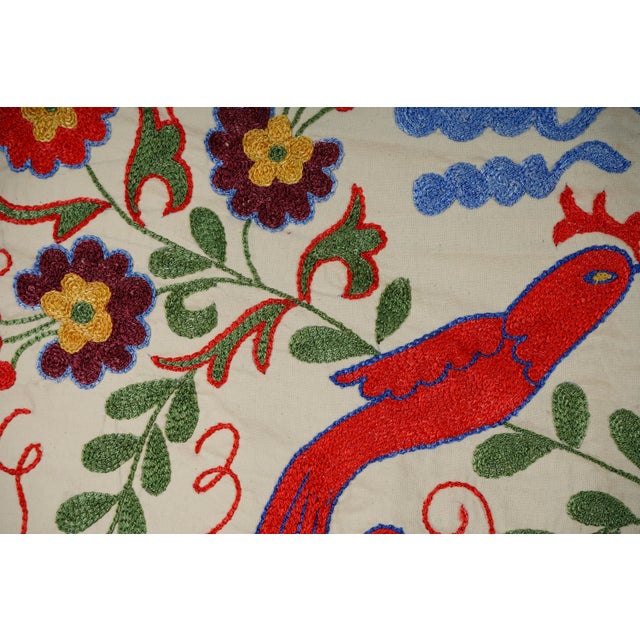 White Uzbek Suzani Animal Cotton Tablecloth For Sale - Image 8 of 10