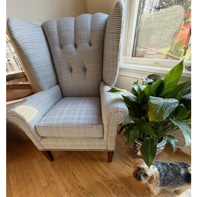 Wood English Chesterfield Style Blue Houndstooth Tufted Back Wingback Chair For Sale - Image 7 of 18