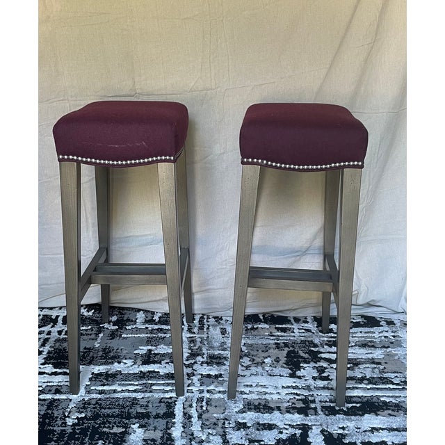 Contemporary Ethan Allen Backless Bar Stools in Plum Velvet With Nailhead Trim - A Pair For Sale - Image 3 of 4
